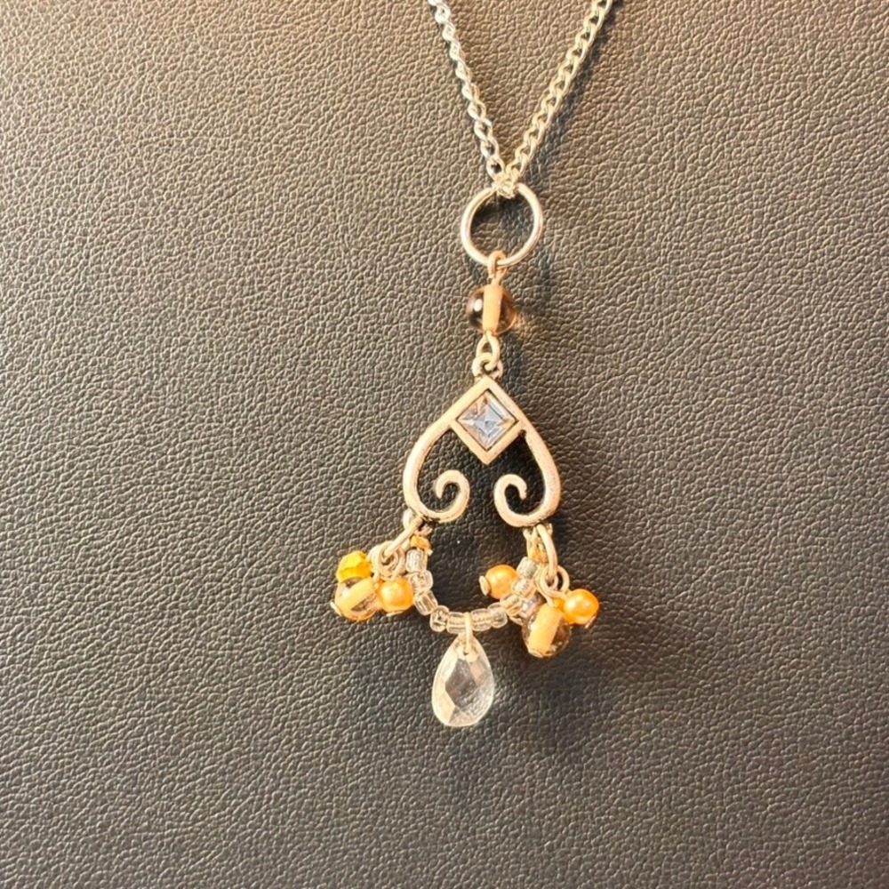 Scrollwork Chandelier Pendant Necklace Silver Orange Boho Whimsygoth Statement - Picture 7 of 9